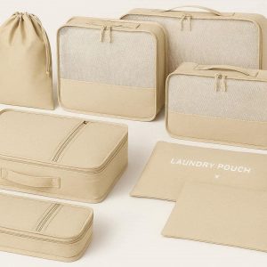 8 Set Luggage Packing Cubes with Shoe Bag and Laundry Pouch Lightweight Travel Organizer Bags for Suitcases Compression Mesh Cubes Beige