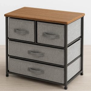 4 Tier Fabric Desktop Drawer Organizer Small Fabric Storage Cabinet with Wooden Top for Office Supplies Cosmetics and Small Items Gray