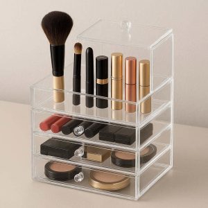 Clear Acrylic 4 Drawer Makeup Organizer Small Desktop Storage Cabinet for Lipsticks Eyeshadows and Brushes Dust Proof Vanity Display Case