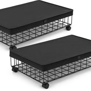 Underbed Storage Containers with Wheels Set of 2 Metal Wire Rolling Drawers with Dust Proof Cover for Clothes Shoes and Toys Black
