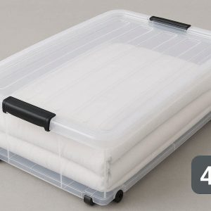 Hard Shell Plastic Underbed Storage Box with Lid 40L Large Capacity Rolling Flat Bin with Wheels for Bedding Organization Clear Design