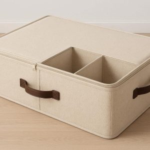 Breathable Canvas Underbed Storage Chest with Removable Dividers Large Soft Storage Box for Clothes Bedding and Toys with Leather Handles