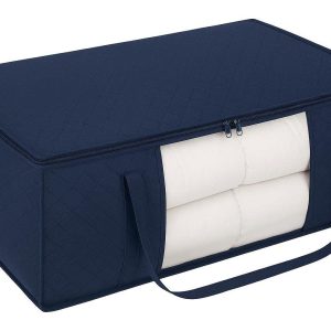 60L Extra Large Underbed Storage Bag with 3 Reinforced Handles Heavy Duty Fabric Clothes Organizer for Bulky Comforters Blankets Navy