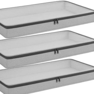 Slim Underbed Storage Box with 2 Way Zippers Low Profile Fabric Clothes Organizer with Clear Top for Small Spaces and Low Beds Set of 3