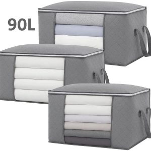90L Extra Large Wardrobe Storage Bags Set of 3 Foldable Clothes Organizer with Reinforced Handles and Clear Window for Blankets Bedding